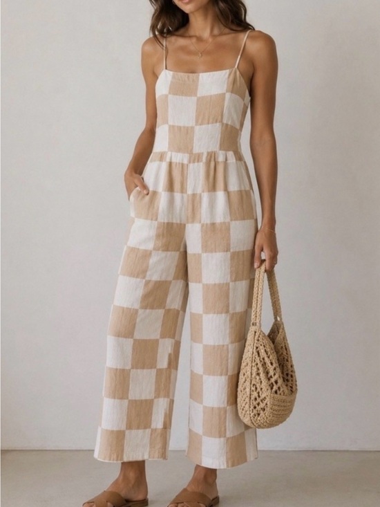 Brixton Pants - Brixton Beige and White Checkered Linen Jumpsuit